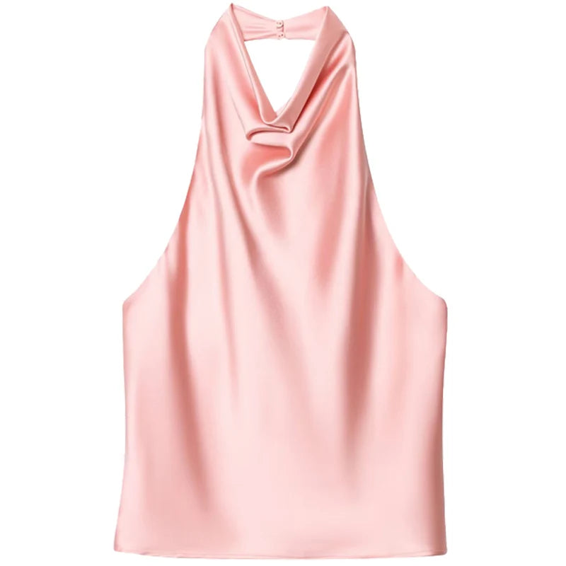 Satin,Sleeveless and Backless Halter Top for Summer