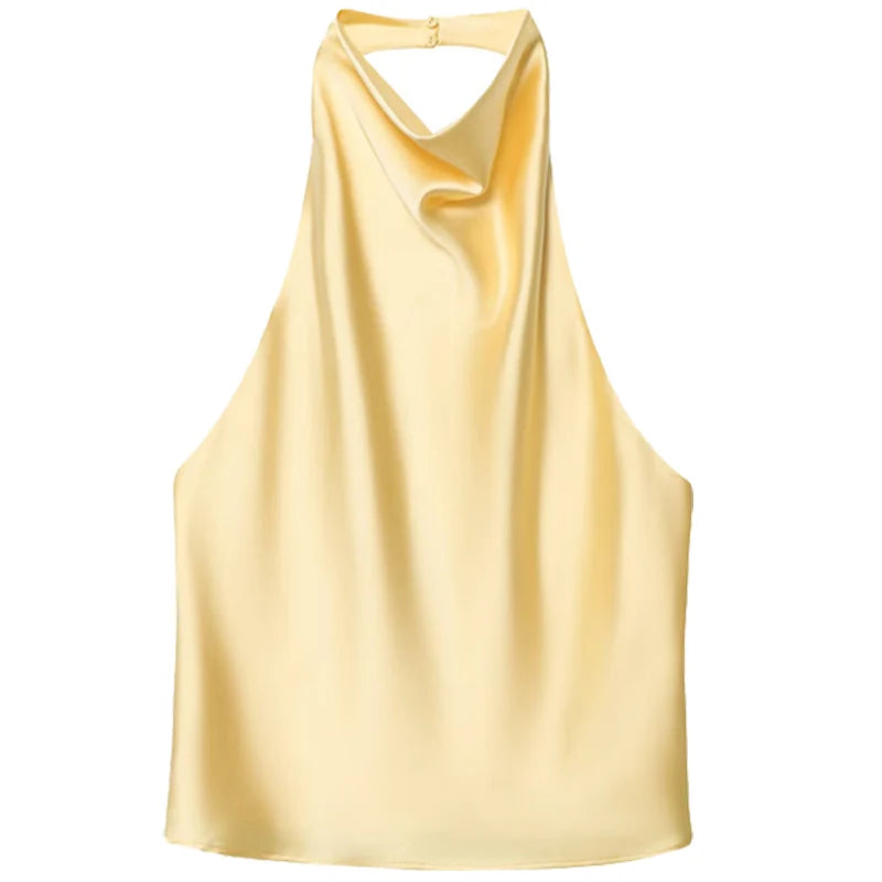 Satin,Sleeveless and Backless Halter Top for Summer
