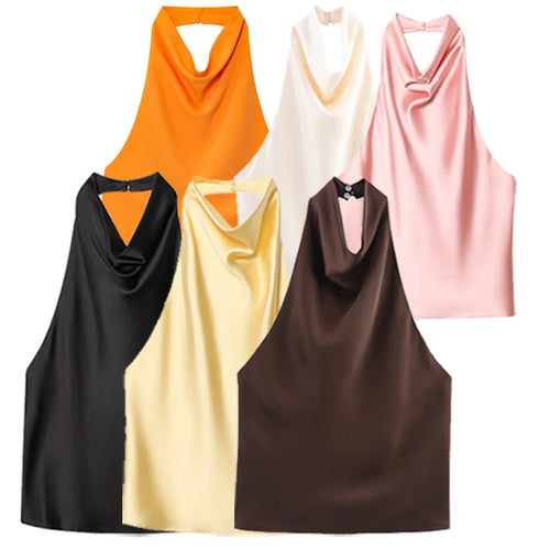 Satin,Sleeveless and Backless Halter Top for Summer