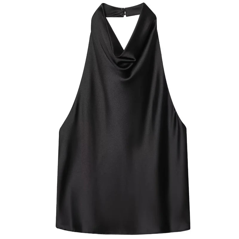Satin,Sleeveless and Backless Halter Top for Summer